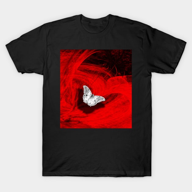 Silver butterfly emerging from the red depths T-Shirt by hereswendy